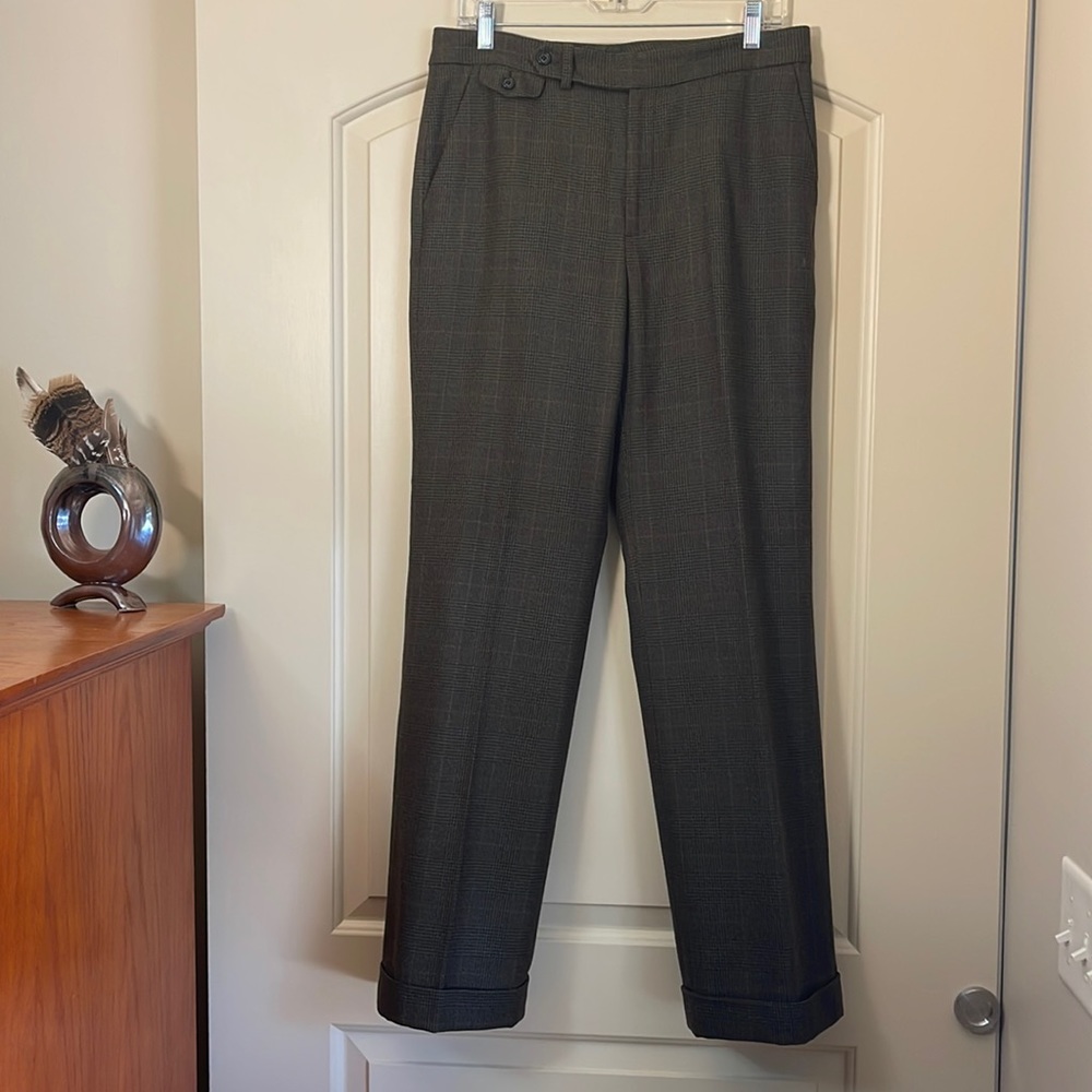 Ralph Lauren size 10 wool slacks, side seam pockets. Olive green & brown plaid.